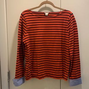 J.Crew boat neck red & navy blue top w/ chambray cuffed sleeves. Size L